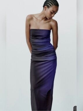 Zara Strapless Ruched Midi Dress in Purple Ombre